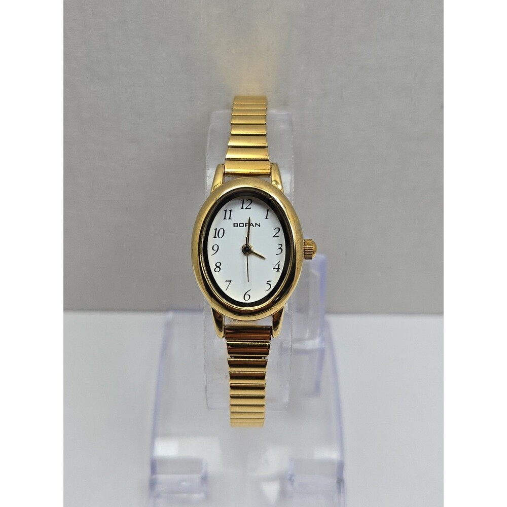 Bofan Womens Gold Tone Oval Easy Reader Stretch Band Quartz Watch New Battery
